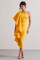 Mango One Shoulder Bodycon Midi Dress With Ruffle